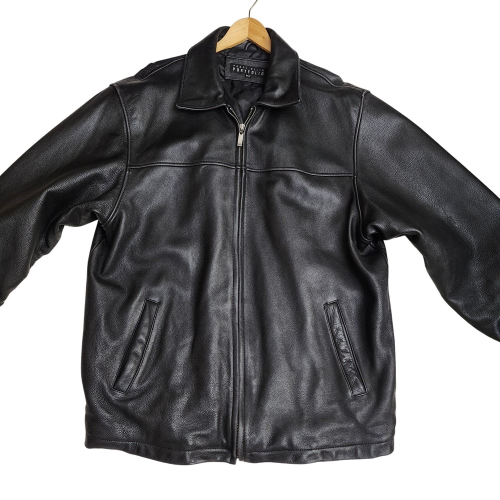 VTG Perry‎ Ellis Portfolio Mens XLT Black Leather Jacket Quilted Lined Zip Front